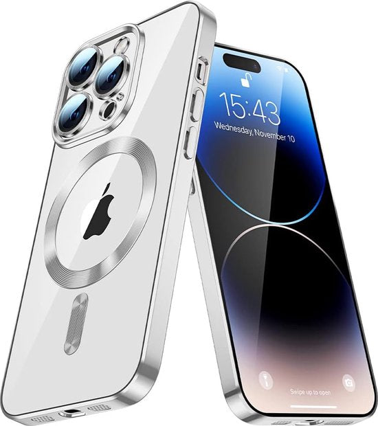 iPhone 15 Pro Max Hoesjes – Magnetische Clear Siliconen Backcover – Camera Lens Protector – MagSafe – Zilver-Ilumina Benelux