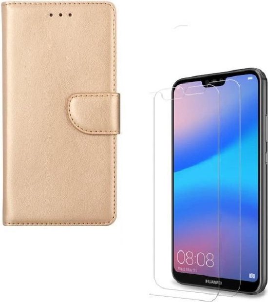 Huawei P20 Lite Hoesjes – Portemonnee Backcover – Pasjeshouder – 2x Screenprotector – Goud-Ilumina Benelux