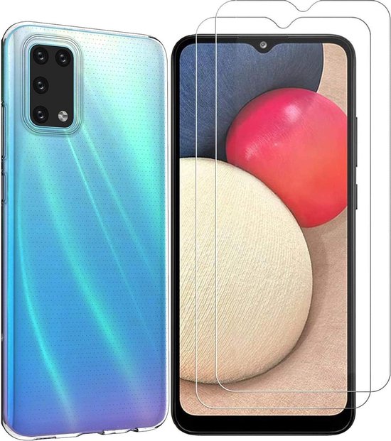Samsung Galaxy A02S Hoesjes – Transparante TPU Siliconen Backcover – 2x Screenprotector Gehard Glas – Anti-kras-Ilumina Benelux