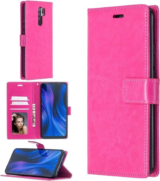Xiaomi Redmi 9 Hoesjes – Portemonnee Book Case – Pasjeshouder – 2x Gehard Glas Screenprotector – Roze-Ilumina Benelux