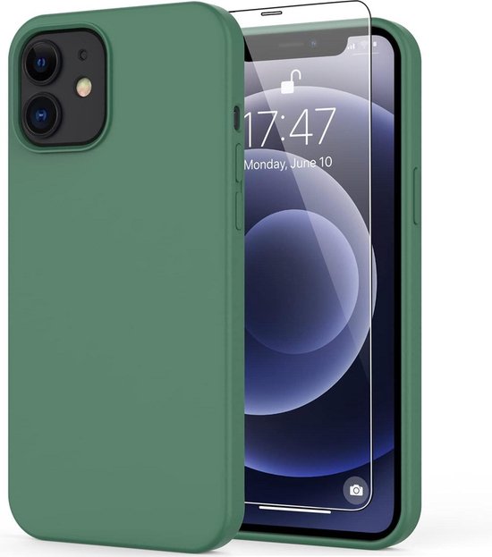 iPhone 12 Hoesjes – Soft Touch Liquid Silicone Backcover – Flexibele TPU – Groen + Screenprotector-Ilumina Benelux