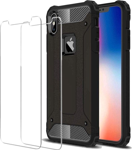 iPhone X/XS Hoesjes – Heavy Duty Backcover – Schokbestendig – Inclusief 2x Gehard Glas Screenprotector – Zwart-Ilumina Benelux