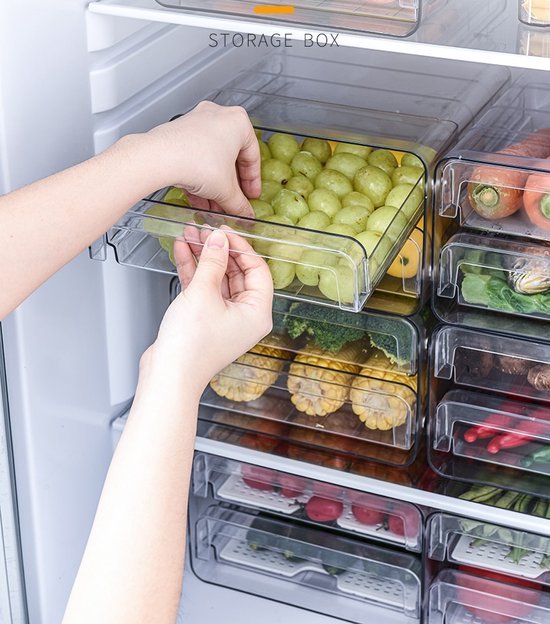 Koelkast organizer – Stapelbare PET opbergbox lade – Voor groente, fruit & vlees – 24×21,5×14 cm – Transparant-Keukenkastorganizer-Ilumina Benelux