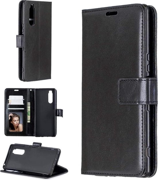 Sony Xperia 5 Hoesjes – Portemonnee Bookcase – Pasjeshouder – 2 Pack Screenprotector Gehard Glas – Zwart-Ilumina Benelux