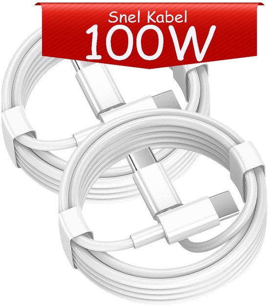 USB-C Oplaadkabel – Geschikt voor iPhone 15/16, iPad Pro, Samsung, MacBook – 100W Snelladen – 2m – 2-Pack – Wit-USB-Kabels-Ilumina Benelux