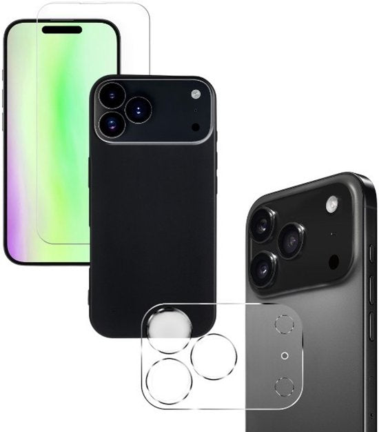 iPhone 17 Pro Max Hoesjes – Siliconen Backcover – Screenprotector Gehard Glas 3x – Camera Lens Protector 3x – Zwart-Ilumina Benelux