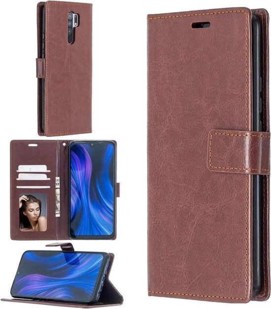 Xiaomi Redmi 9 Hoesjes – Portemonnee Book Case – Pasjeshouder – 2x Glazen Screenprotector – Bruin-Ilumina Benelux