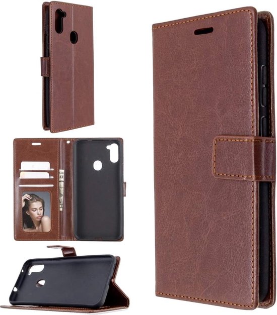 Samsung Galaxy M11 Hoesjes – Portemonnee Bookcase – Pasjeshouder – 2 Pack Screenprotector Gehard Glas – Bruin-Ilumina Benelux