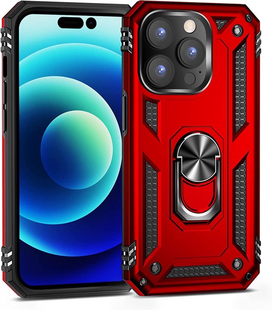 iPhone 14 Pro Hoesjes – Anti-Shock Hybride Backcover – Ring Armor – Schokbestendig – Rood-Ilumina Benelux
