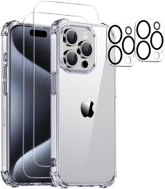 iPhone 15 Pro Hoesjes – Transparante Backcover – Schokbestendig – Met Cameralens Protector & 2x Screenprotector – Militair KKG-Ilumina Benelux