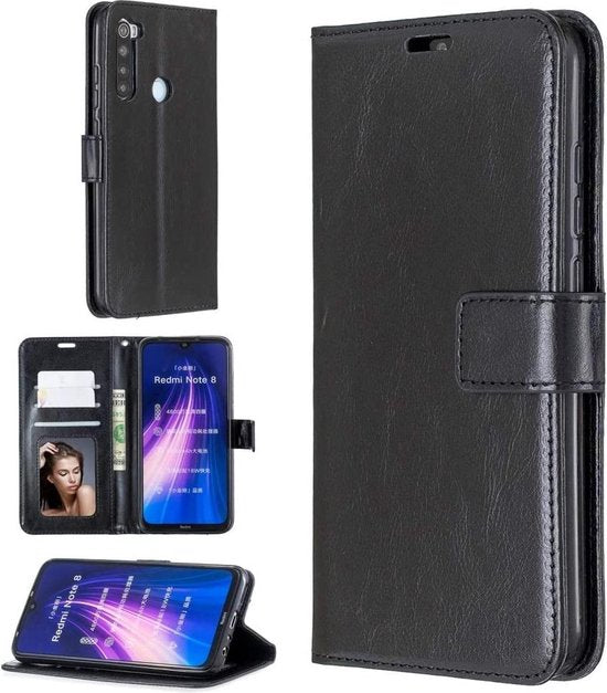Xiaomi Redmi Note 8 Hoesjes – Portemonnee Book Case – Pasjeshouder – 2x Glazen Screenprotector – Zwart-Ilumina Benelux