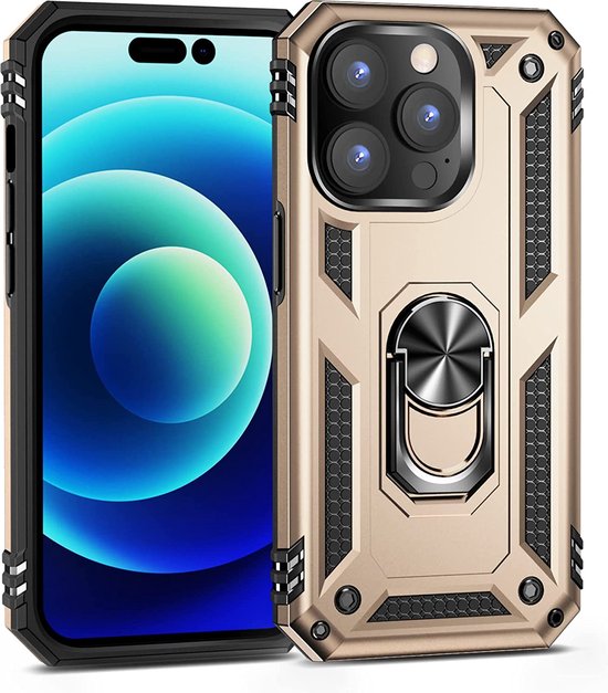 iPhone 14 Pro Hoesjes – Anti-Shock Hybride Ring Armor Backcover – Schokbestendig – Goud-Ilumina Benelux