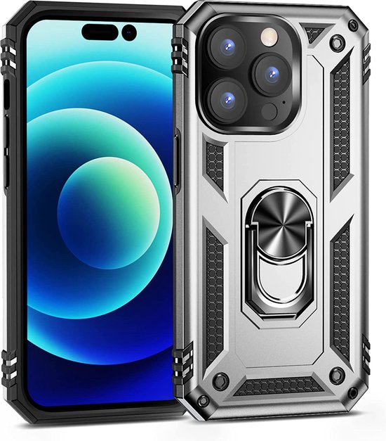 iPhone 14 Pro Hoesjes – Anti-Shock Hybride Ring Armor Backcover – Schokbestendig – Zilver-Ilumina Benelux