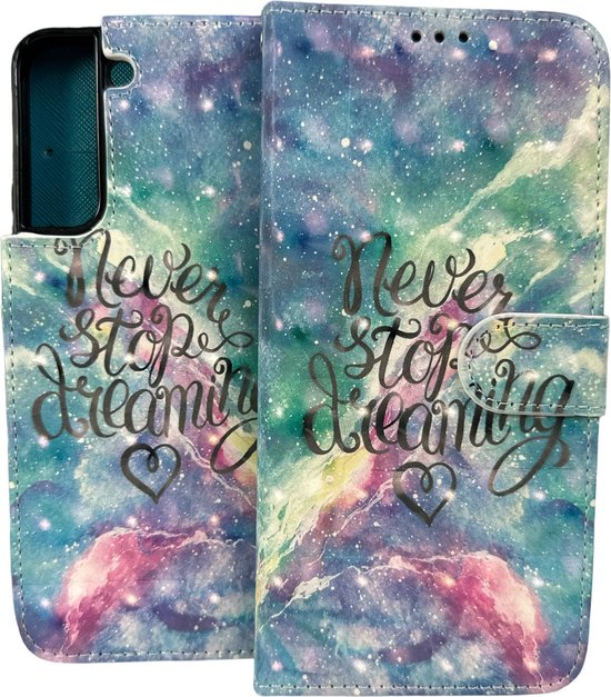 Samsung Galaxy S22 Plus Hoesjes – Portemonnee Book Case – Pasjeshouder – Magneetsluiting – Never Stop Dreaming Print-Ilumina Benelux