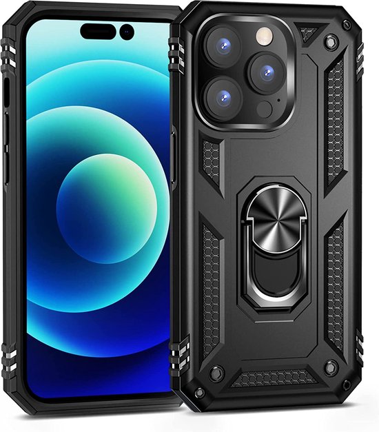 iPhone 14 Pro Hoesjes – Anti-Shock Hybride Ring Armor Backcover – Schokbestendig – Zwart-Ilumina Benelux