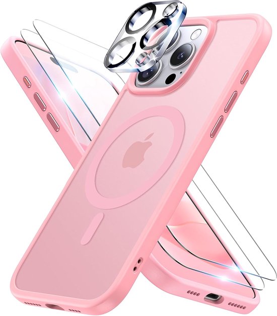 iPhone 14 Pro Hoesjes – Backcover met Camera Lens Protector – 2x Screenprotector – Magnetische Ring – Roze-Ilumina Benelux