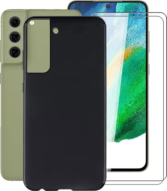 Samsung Galaxy S21 FE Hoesjes – Siliconen Backcover – Inclusief 2x Screenprotector Gehard Glas – Zwart-Ilumina Benelux