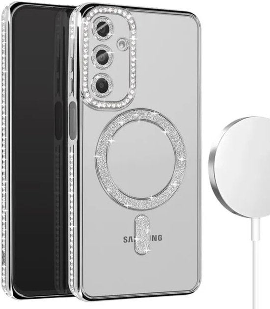 Samsung Galaxy A25 Hoesjes – MagSafe Glitter Backcover – Diamantjes – Glamour – Zilver-Ilumina Benelux