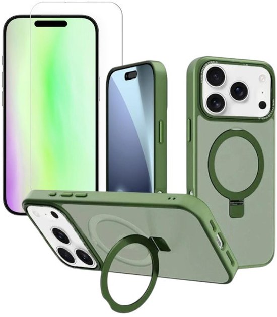 iPhone 17 Pro Hoesjes – MagSafe Backcover met Standaard – Schokbestendig – 2x Screenprotector – Groen-Ilumina Benelux