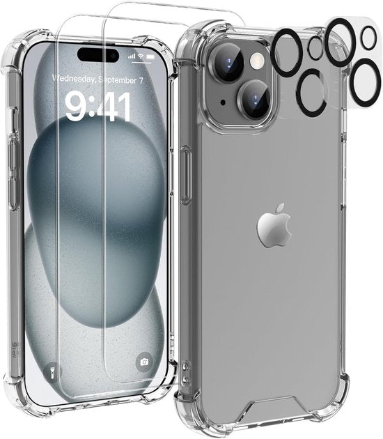 iPhone 15 Plus Hoesjes – Transparante Backcover – Schokbestendig – Met Camera Lens Protector + 2x Screenprotector-Ilumina Benelux