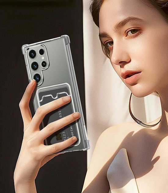 Schokbestendig TPU Hoes Kaarthouder + Screenprotector Geschikt voor: Samsung Galaxy S23 Plus - Transparant