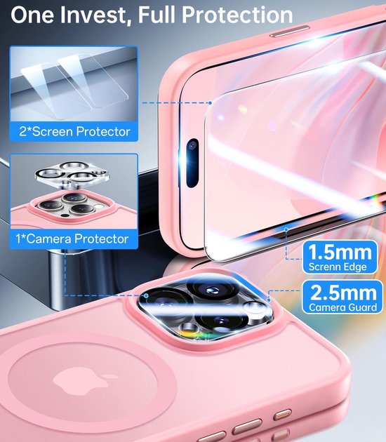 iPhone 13 Pro Max Hoesjes – Backcover met Camera Lens Protector – 2x Screenprotector – Magnetische Ring – Roze-Ilumina Benelux