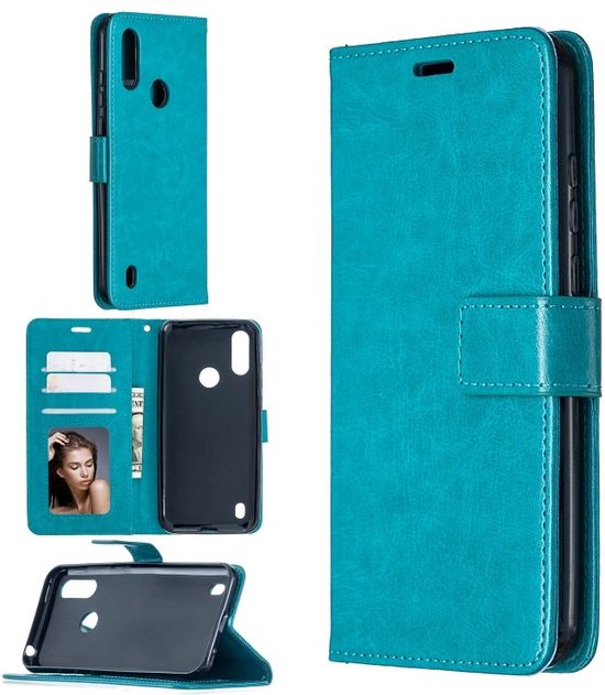 Motorola Moto E6i Hoesjes – Bookcase Portemonnee Hoes – Pasjeshouder – Magneetsluiting – Turquoise-Ilumina Benelux