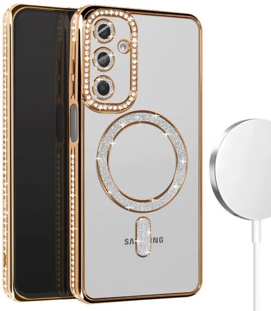 Samsung Galaxy S23 Hoesjes – MagSafe Glitter Backcover – Diamantjes – Glamour – Goud-Ilumina Benelux