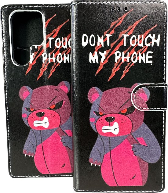Samsung Galaxy S22 Ultra Hoesjes – Portemonnee Book Case – Pasjeshouder – Magneetsluiting – Don't Touch My Phone Print-Ilumina Benelux