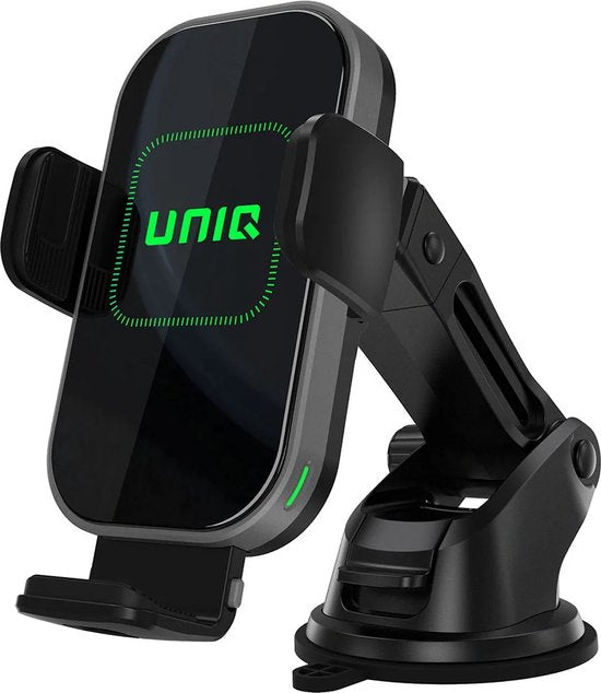 Telefoonhouder auto – 2-in-1 draadloze oplader – Ventilatierooster of dashboard montage – UNIQ – Zwart
