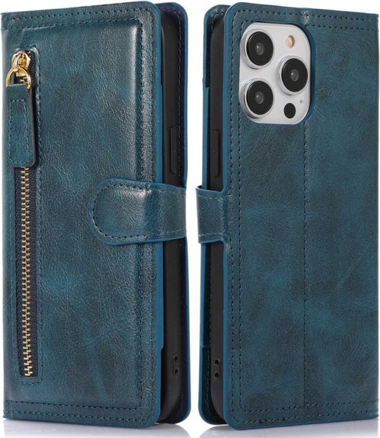 iPhone 15 Pro Hoesjes – Vintage Portemonnee Hoes – Pasjeshouder – Magneetsluiting – Blauw-Ilumina Benelux