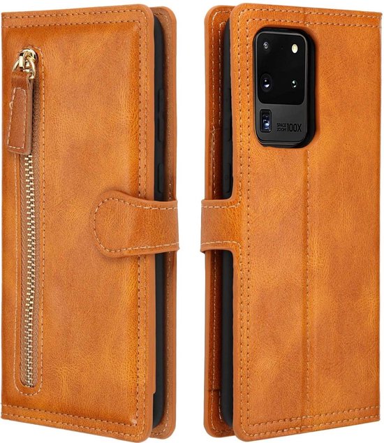 Samsung Galaxy S20 FE Hoesjes – Bookcase Portemonneehoes – Ritssluiting – 5 Pasjeshouder – Lichtbruin-Ilumina Benelux