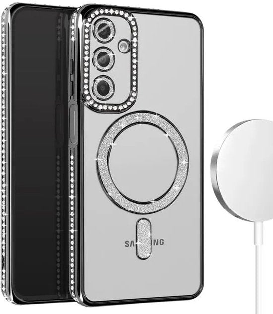 Samsung Galaxy A25 Hoesjes – MagSafe Glitter Backcover – Diamantjes – Glamour – Zwart-Ilumina Benelux