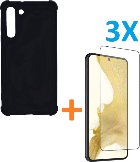 Anti-Shock silicone hoesje zwart met 3 Pack Screenprotector Glas Geschikt voor: Samsung Galaxy S23