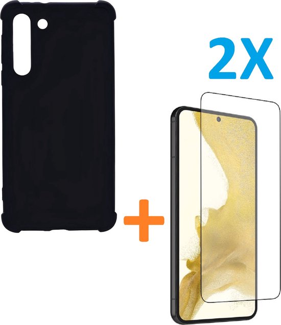 Anti-Shock silicone hoesje zwart met 2 Pack Screenprotector Glas Geschikt voor: Samsung Galaxy S23