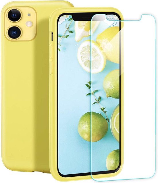 iPhone 12 Pro Max Hoesjes – Siliconen Backcover + Screenprotector – Gehard Glas – Anti-kras – Geel-Ilumina Benelux