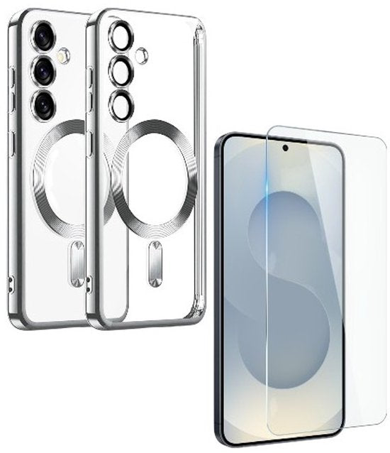 Samsung Galaxy S24 FE / S25 FE Hoesjes – Siliconen Backcover – MagSafe – 2x Screenprotector – Zilver-Ilumina Benelux