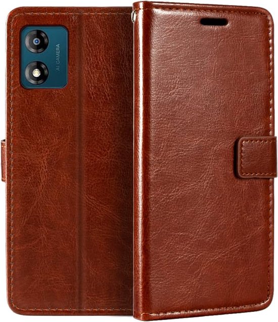 Motorola Moto E13 Hoesjes – Portemonnee Bookcase – Pasjeshouder – 2 Pack Gehard Glas – Bruin-Ilumina Benelux