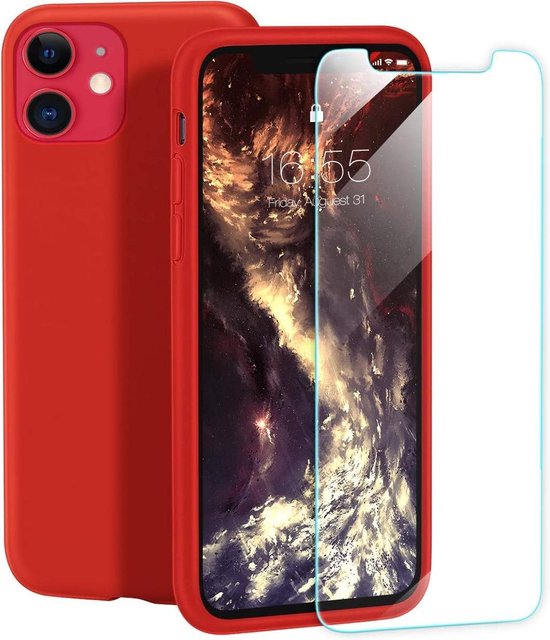 iPhone 12 Pro Hoesjes – Siliconen Backcover + Screenprotector – Gehard Glas – Anti-kras – Rood-Ilumina Benelux