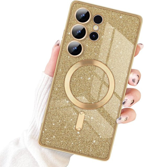 Samsung Galaxy S22 Ultra Hoesjes – MagSafe Compatibel – Glitter Sequin TPU Backcover – Zacht – Goud-Ilumina Benelux