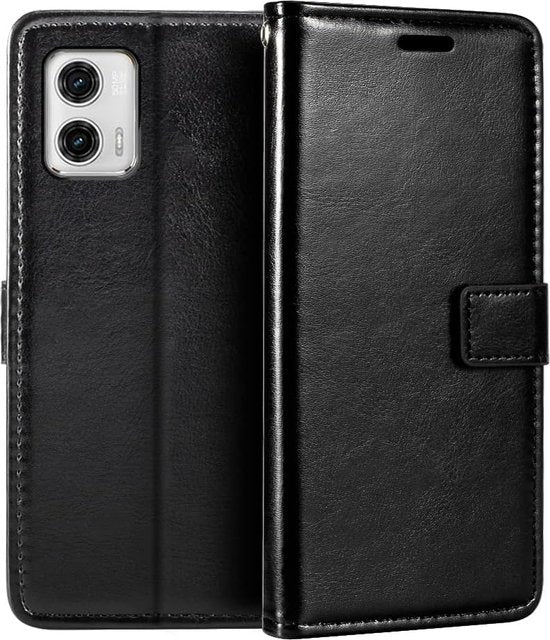Motorola Moto G73 Hoesjes – Portemonnee Bookcase – Pasjeshouder – 2x Gehard Glas Screenprotector – Zwart-Ilumina Benelux