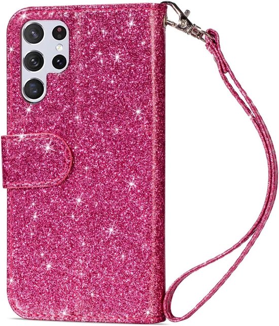Samsung Galaxy S22 Ultra Hoesjes – Glitter Portemonnee Hoes – Rits & Koord – Pasjeshouder – Roze-Ilumina Benelux