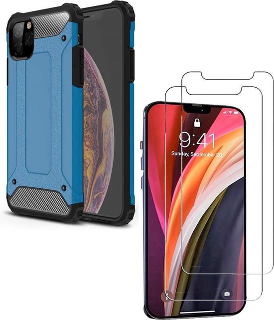 iPhone 12 Pro Max Hoesjes – Heavy Duty Backcover – Schokbestendig – 2x Gehard Glas Screenprotector – Blauw-Ilumina Benelux