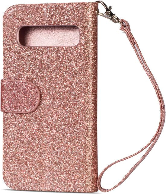 Sparkly Glitter Wallet Hoesje met Rits & Koord Geschikt voor: Samsung Galaxy S10E - Roségoud