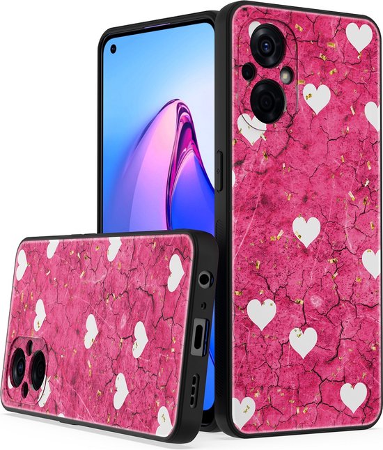 Oppo A76 Hoesjes – Siliconen Backcover – Print Roze Hartjes – Soft TPU – Roze-Ilumina Benelux