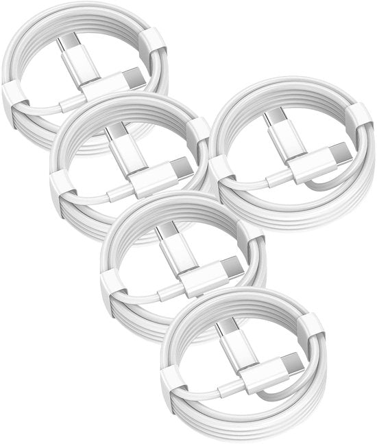 USB-C Oplaadkabel – Geschikt voor iPhone 15/16 & Samsung – USB-C naar USB-C – 2 Meter – 5-Pack – Wit-USB-Kabels-Ilumina Benelux