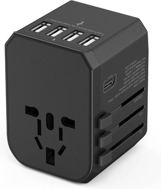 Ar202 Universele Wereldstekker - reisadapter UK/EU/US/AUS - 4 USB + USB-C