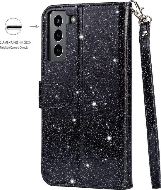Samsung Galaxy S21 Plus Hoesjes – Glitter Portemonnee Case – Rits – Koord – Pasjeshouder – Zwart-Ilumina Benelux