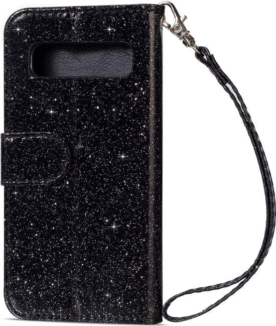 Samsung Galaxy S10 Hoesjes – Glitter Portemonnee Hoes – Rits & Koord – Pasjeshouder – Zwart