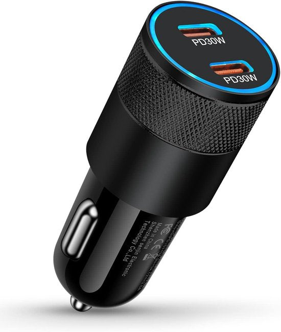 Autolader – Dual USB-C 60W – Power Delivery Snellader – 2 Poorten Type-C-Oplader-Ilumina Benelux